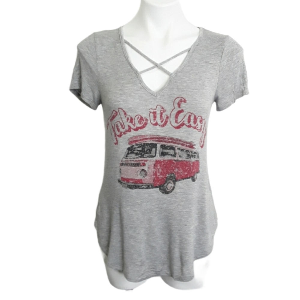 Altar'd State Grey Criss Cross Relaxed Fit Graphic T-Shirt EUC sz S